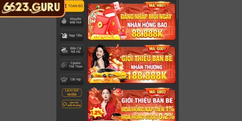 Khuyến Mãi 6623 - Ưu Đãi Lớn, Thưởng Khủng Cho Thành Viên 1 Đăng nhập mỗi ngày nhận hồng bao 88.888K